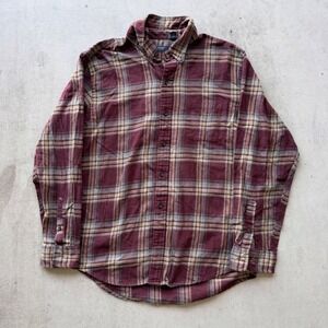 Arrow Plaid Flannel Shirt Mens Large Burgundy Button Down Excellent Long Sleeve